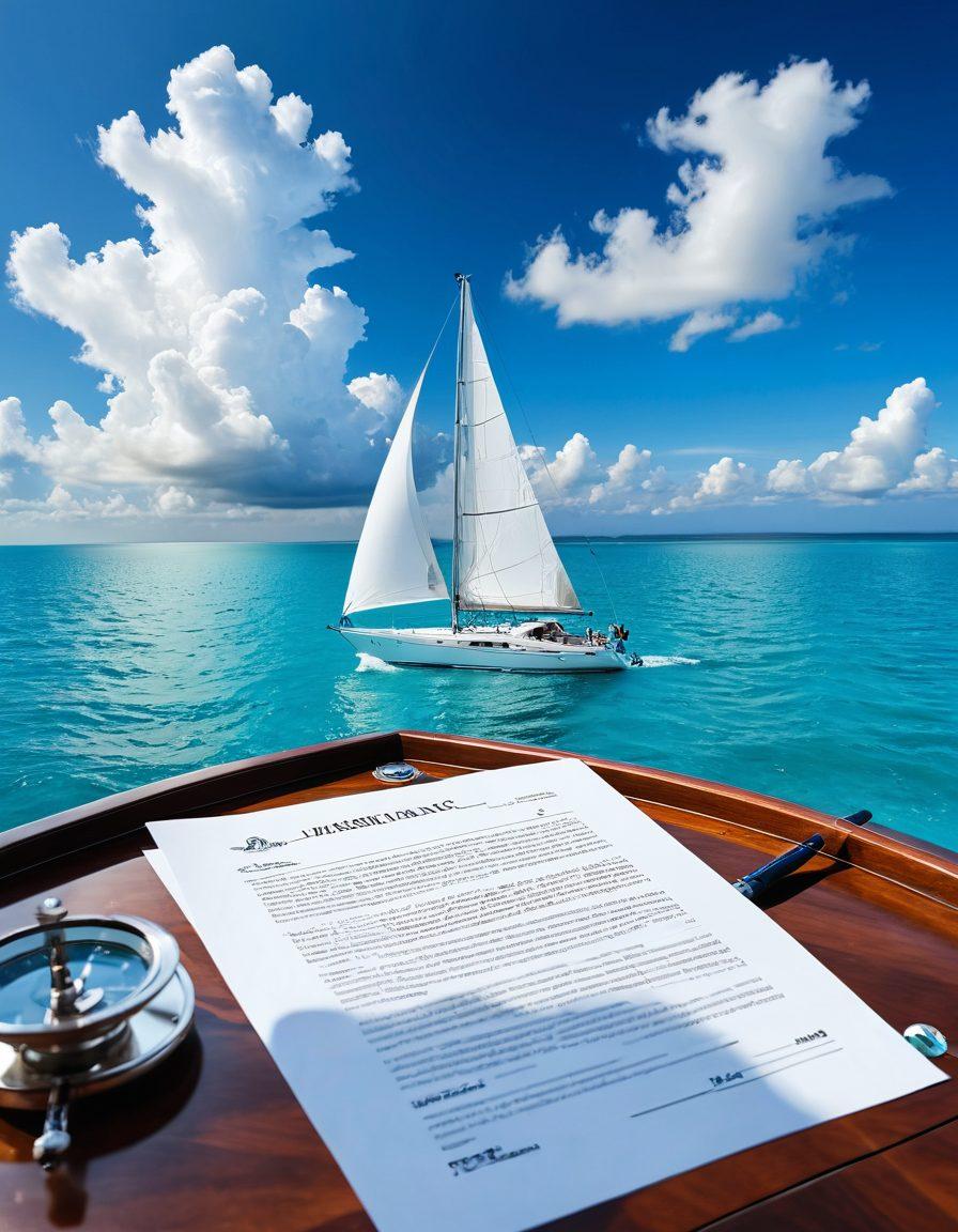 A serene scene of a luxurious yacht sailing smoothly across calm turquoise waters, with a background of a clear blue sky and soft white clouds. Include elements like a floating insurance document with a pen, symbolizing the importance of choosing the right insurance policy. Add hints of adventure, like a compass and sailing gear scattered on the deck. super-realistic. vibrant colors. white background.