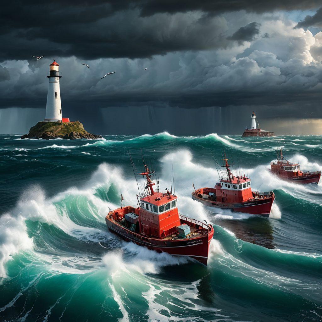 A serene nautical scene featuring a diverse range of boats navigating through stormy seas, with various indicators of risk such as crashing waves and dark clouds. In the foreground, a couple of insurance documents are partially submerged in the water, symbolizing the importance of marine insurance. The horizon showcases a lighthouse guiding the way to safety. The colors are dramatic and vivid, emphasizing both the peril and adventure of marine life. super-realistic. vibrant colors. dramatic lighting.